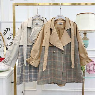 Patchwork Lapel Long Windbreaker With Sash