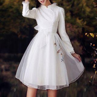 Frill Trim Long-sleeve Lace Dress