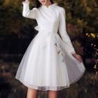 Frill Trim Long-sleeve Lace Dress