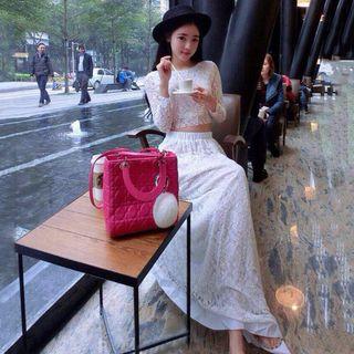 Set : Long-sleeve Lace Top + Maxi Skirt