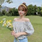 Design Drawstring Short-sleeve Shirt Floral Cropped Puff-sleeve Top