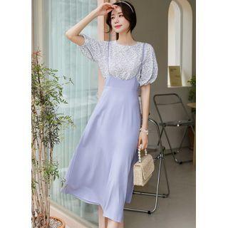 Set: Long Overall Dress + Floral Blouse Light Blue - One Size