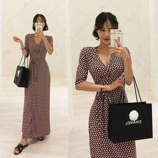 Tie-waist Patterned Wrap Dress Pink - One Size