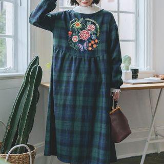 Embroidered Plaid Long-sleeve Dress