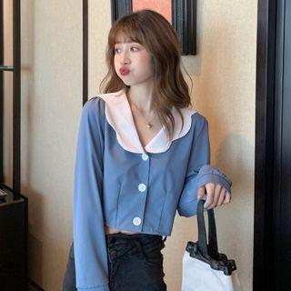 Cropped Two-tone Collared Long-sleeve Blouse