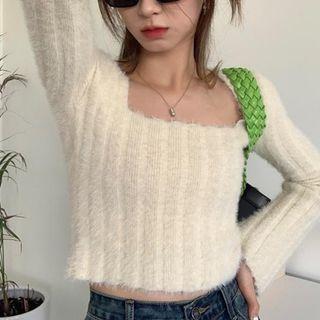 Square-neck Plain Ribbed Knit Cropped Sweater