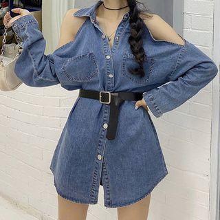 Long-sleeve Cold Shoulder Denim Shirt As Shown In Figure - One Size