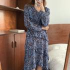 Long-sleeve V-neck Floral Asymmetric Dress Blue - One Size