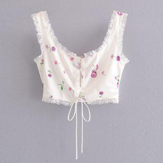 Lace Trim Floral Print Cropped Tank Top