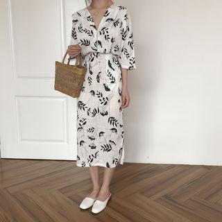 Leaf Print 3/4-sleeve Midi Dress As Shown In Figure - One Size