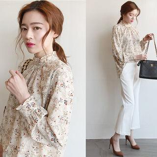 Mock-neck Frilled Floral Chiffon Top