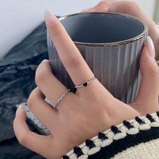 Set Of 2: Heart / Wavy Rhinestone Alloy Ring Set Of 2 - Silver - One Size