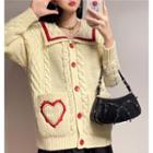 Heart Printed Sailor Collar Knit Jacket Sweater - One Size