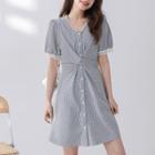 Short-sleeve Gingham Wrap Sheath Dress