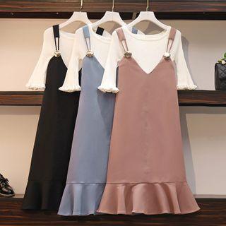 Set: Bell-sleeve T-shirt + Ruffle Hem Midi A-line Pinafore Dress