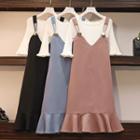 Set: Bell-sleeve T-shirt + Ruffle Hem Midi A-line Pinafore Dress