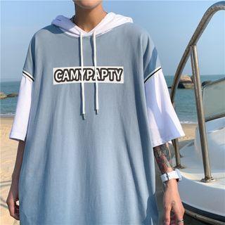 Mock Two Piece Printed Letter Hooded Oversize Top