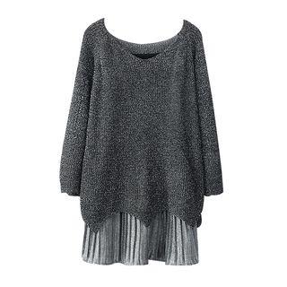 Set: Wave Hem Sweater + Spaghetti Strap Pleat Velvet Dress