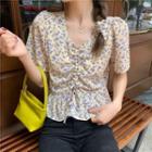 Drawstring Ruched Floral Print Short-sleeve Blouse