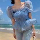 Off-shoulder Bow-accent Shirred Chiffon Top