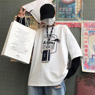 Mock Two-piece Long-sleeve Lettering T-shirt As Shown In Figure - One Size
