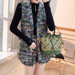 Set: Ribbed Knit Top + Fringed Tweed Button-up Vest + Shorts