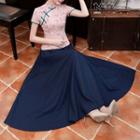Set: Short-sleeve Chinese Style Top + A-line Midi Skirt