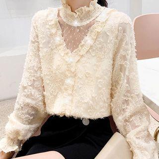 Mock-turtleneck Lace Panel Chiffon Blouse
