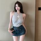 Crop Tank Top / Faux Leather Loose Fit Pants