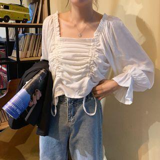Puff-sleeve Square-neck Drawcord Crop Top