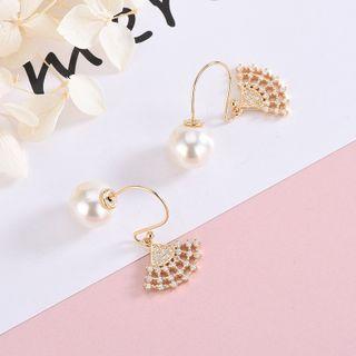 925 Sterling Silver Faux Pearl Fan Dangle Earring Es597 - 1 Pair - One Size