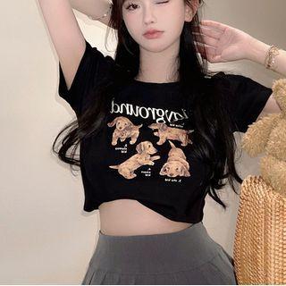 Elbow-sleeve Dog Print Cropped T-shirt
