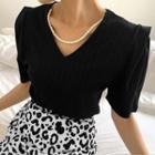 V-neck Faux Pearl Short Sleeve Top