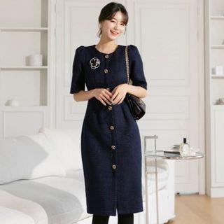 Puff-sleeve Tweed Midi Sheath Dress