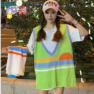 Contrast Trim Striped Knit Vest / Elbow-sleeve T-shirt