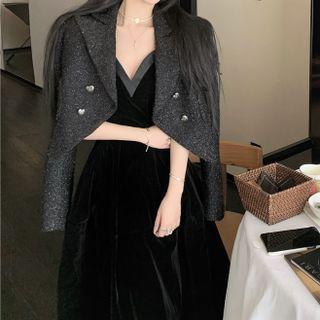 Tweed Blazer / V-neck Velvet Midi Dress