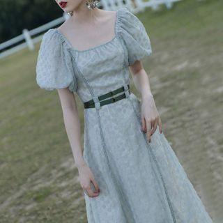 Puff-sleeve Dotted Buttoned A-line Midi Dress