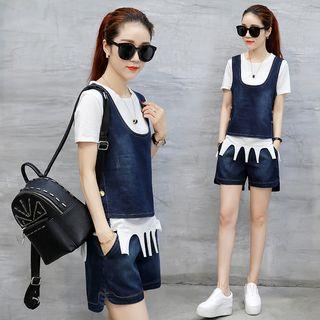 Set: Short-sleeve Top + Denim Sleeveless Top + Denim Shorts
