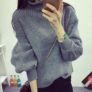 Lantern Sleeve Mock Neck Thick Sweater