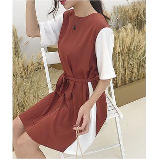 Tie-waist Two-tone Short-sleeve A-line Dress