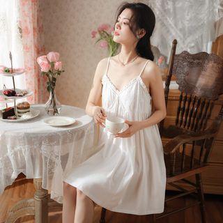 Spaghetti-strap V-neck Lace Trim Mini A-line Sleep Dress