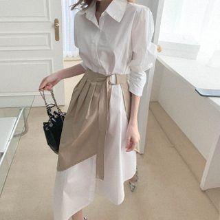 Set: Asymmetric Long Shirtdress + Buckled Wrap Skirt Beige - One Size