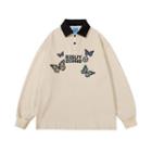 Contrast Collar Butterfly Print Polo Sweatshirt
