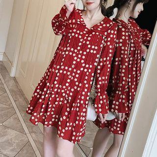 Double-collar Long-sleeve Dotted Dress