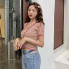 Short-sleeve Striped Buttoned Knit Cropped Top Stripes - Multicolor - One Size