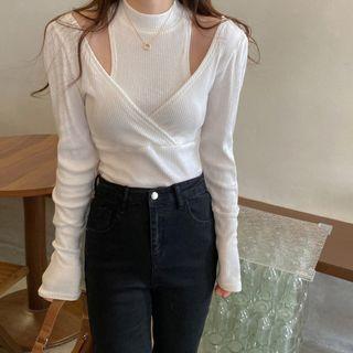 Long-sleeve Mock Two-piece Ribbed Top