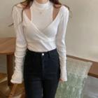 Long-sleeve Mock Two-piece Ribbed Top
