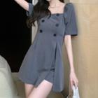 Set: Short-sleeve Square-neck Button A-line Dress + Shorts