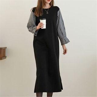 Gingham-sleeve H-line Maxi Dress Gray - One Size
