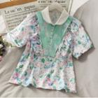 Patchwork Short-sleeve Printed Blouse Green - One Size